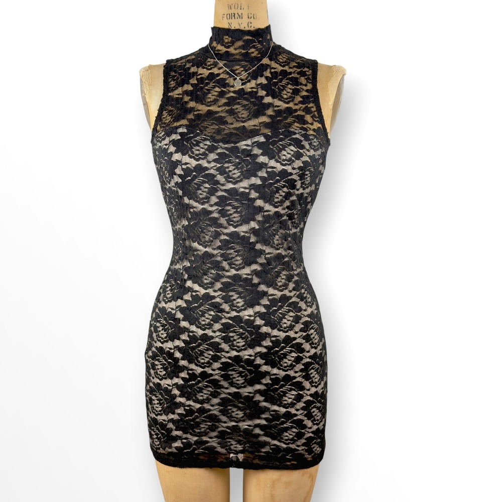 Y2K Wet Seal Black Lace Mock Neck Mini Dress Open Back Gothic Size XS S